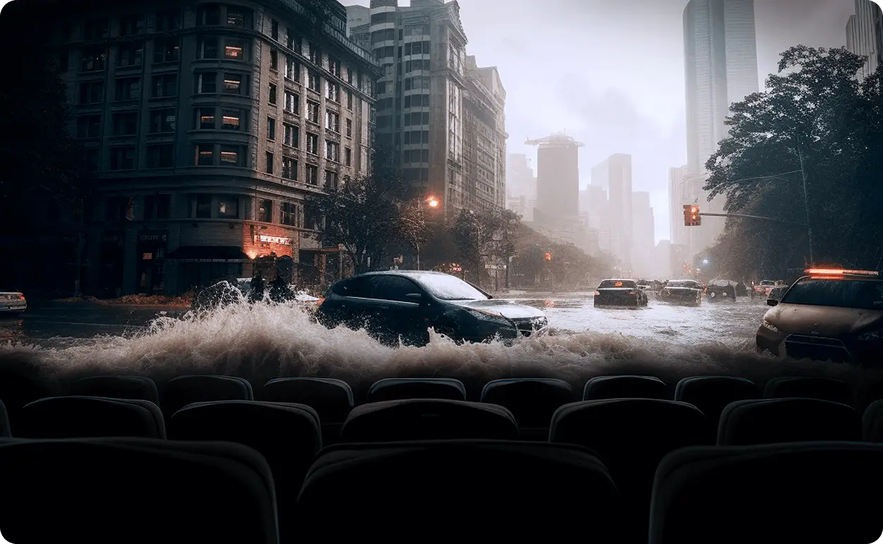 Widok zza foteli kinowych na duży ekran z kadrem z filmu akcji.