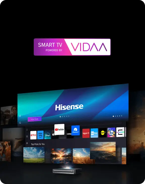 Interfejs Smart TV projektora Hisense z logotypami aplikacji Netflix, Prime Video, Disney+ oraz YouTube