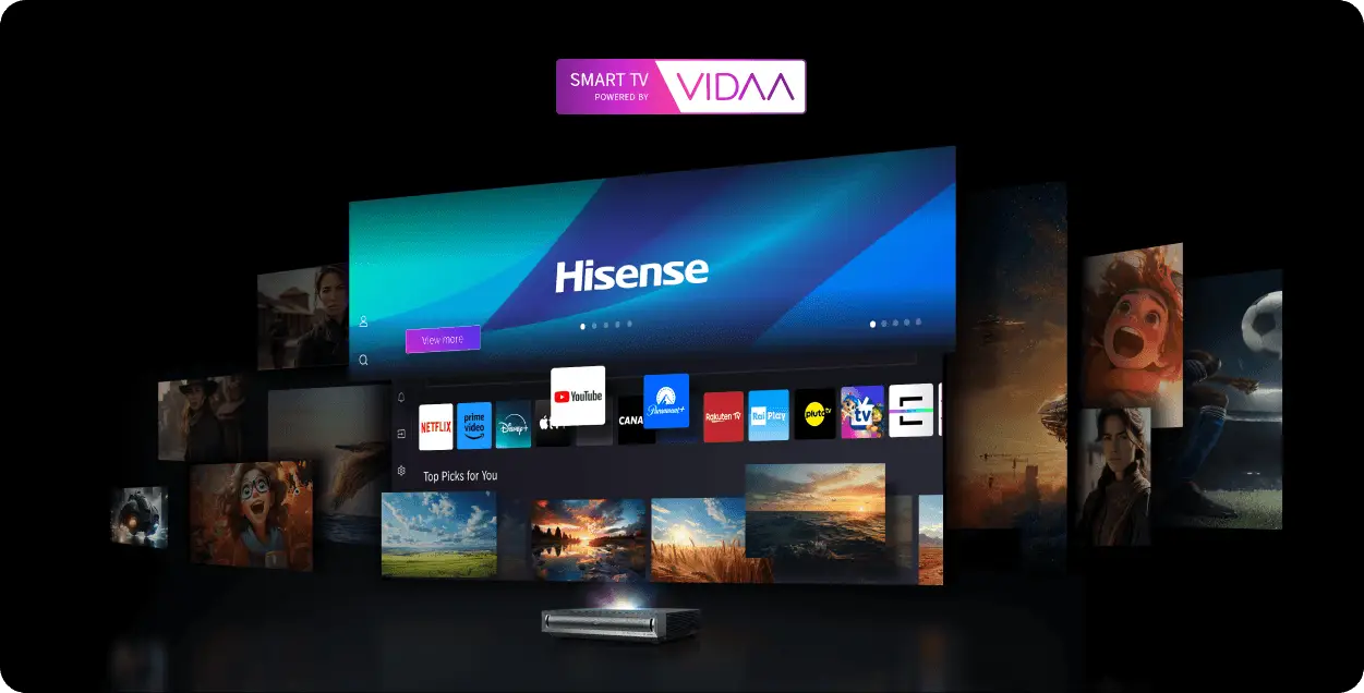 Interfejs Smart TV projektora Hisense z logotypami aplikacji Netflix, Prime Video, Disney+ oraz YouTube