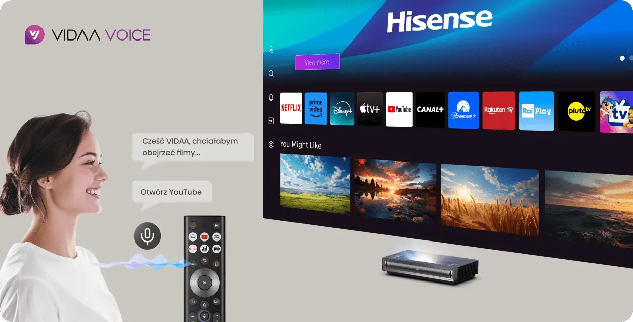 Kobieta mówi do pilota. Na ekranie interfejs Smart TV z logotypami aplikacji Netflix, YouTube i Disney+.
