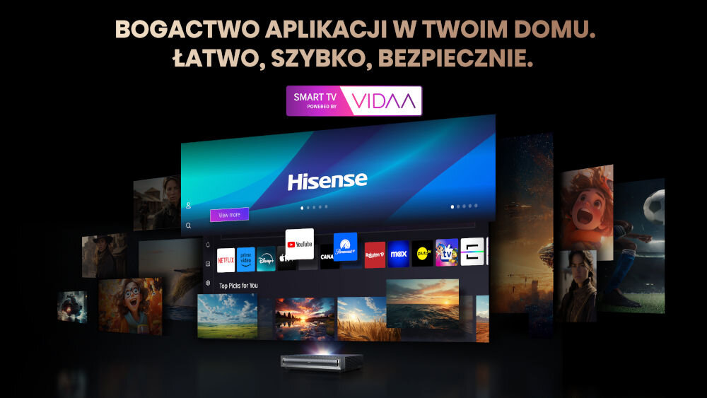 Projektor HISENSE PX3-Pro 4K UHD (3840 x 2160), 3000 ANSI lumen, Wi-Fi, Bluetooth system VIDAA szybki intuicyjny proste oglądanie dostęp do aplikacji VOD Netflix YouTube Disney+ MAX Canal+ wiele innych róznorodne treści personalizacja dostosowanie do preferencji ulubione materiały