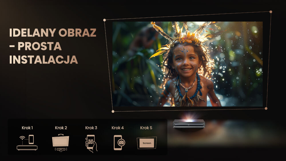 Projektor HISENSE PX3-Pro 4K UHD (3840 x 2160), 3000 ANSI lumen, Wi-Fi, Bluetooth ustawienie projektora przed ekranem funkcja automatycznej korekcji obrazu automatyczne dostosowanie obrazu eliminowanie zniekształceń szybki prosty sposób optymalna jakość obrazu wygodne rozwiązanie oszczędność czasu komfort użytkowania