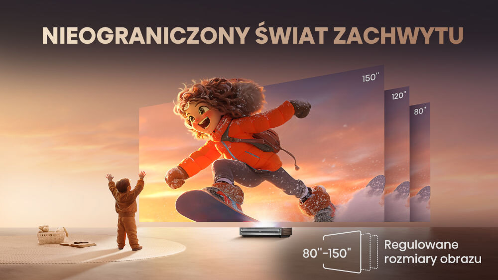 Projektor HISENSE PX3-Pro 4K UHD (3840 x 2160), 3000 ANSI lumen, Wi-Fi, Bluetooth technologia Ultra Short Throw przekątna od 80 do 150 cali ustawienie bisko przestrzeni duża wysoka jakość projekcji odpowiednia odległość obraz o optymalnym rozmiarze komfortowe warunki