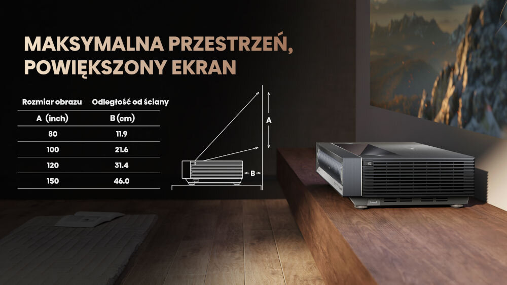 Projektor HISENSE PX3-Pro 4K UHD (3840 x 2160), 3000 ANSI lumen, Wi-Fi, Bluetooth technologia ultra krótkiego rzutu Ultra Short Throw duże obrazy w bardzo krótkiej odległości od ekranu do małych pomieszczeń umieszczenie blisko ściany lub ekranu ultra krótki rzut wysoka rozdzielczość dobra jakość obrazu