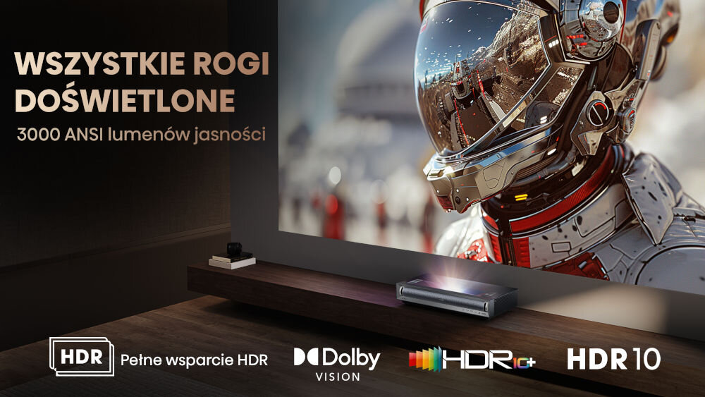 Projektor HISENSE PX3-Pro 4K UHD (3840 x 2160), 3000 ANSI lumen, Wi-Fi, Bluetooth światła błyszczą cienie zachwycają głębią standardy HDR wyraźny detal w zaciemnionych miejscach jasność 3000 ANSI lumenów technologia Dolby Vision głębia obrazu bogactwo szczegółów widoczność w pełnej krasie realistyczne efekty wizualne