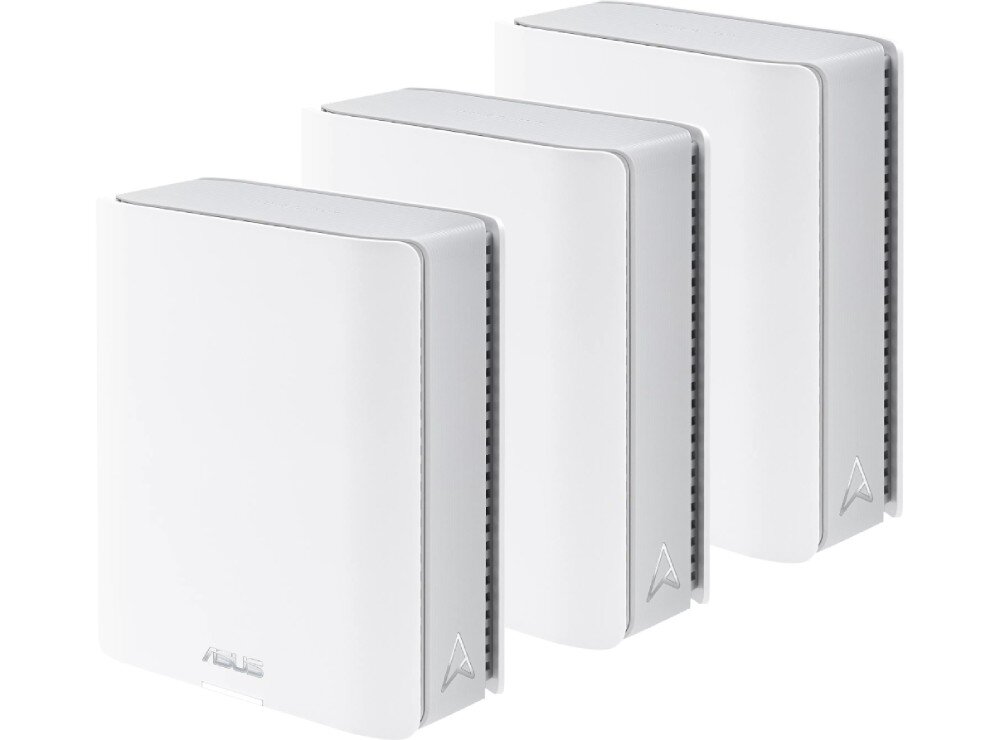 Router ASUS ZenWiFi BT10 Trzy identyczne białe urządzenia sieciowe ustawione obok siebie pod lekkim kątem, na białym tle, rozszerzanie sieci, rozbudowa, kompatybilność