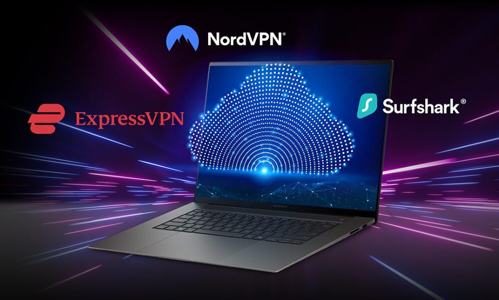 Router ASUS RT-BE86U Laptop z otwartym ekranem w otoczeniu logotypów znanych dostawców usług VPN, obsługa VPN