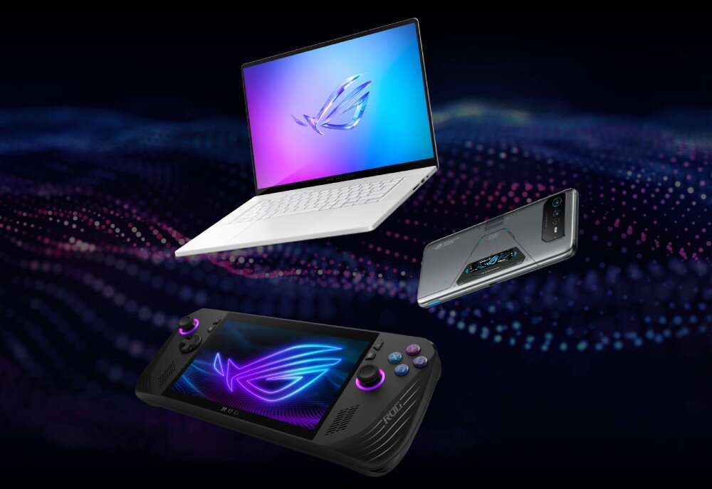 Router ASUS RT-BE86U Urządzenia gamingowe w tym laptop i konsola przenośna na ciemnym tle, funkcje dla graczy