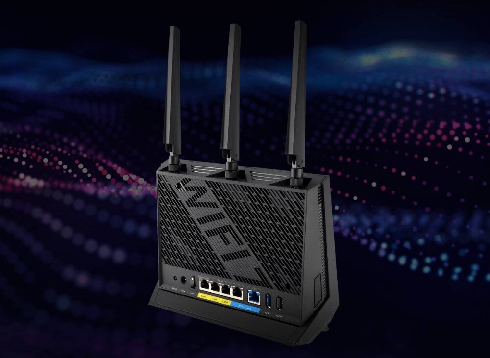 Router ASUS RT-BE86U Tylna ściana routera z widocznymi gniazdami sieciowymi i antenami, porty USB-A, udostępnianie sieci, modem