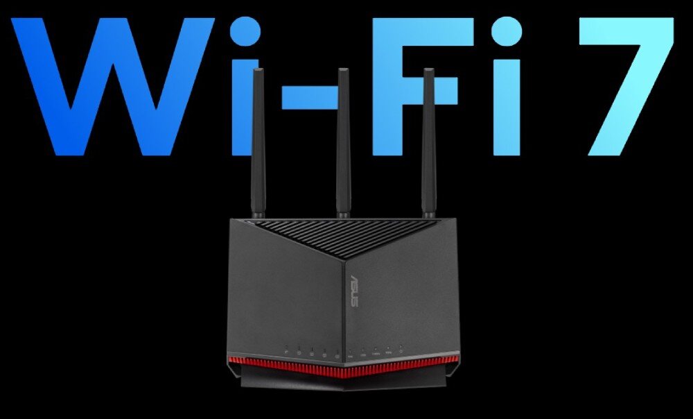 Router ASUS RT-BE86U Front routera na czarnym tle z dużym niebieskim napisem 'Wi-Fi 7' za urządzeniem, przeznaczenie, standard, przepustowość, pasma