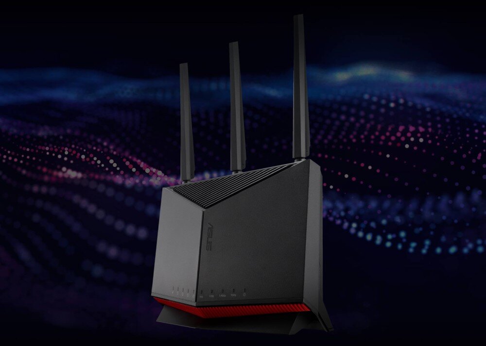 Router ASUS RT-BE86U Czarny router bezprzewodowy z czerwonymi detalami i trzema antenami na ciemnym tle, technologia, kanały 160 MHz