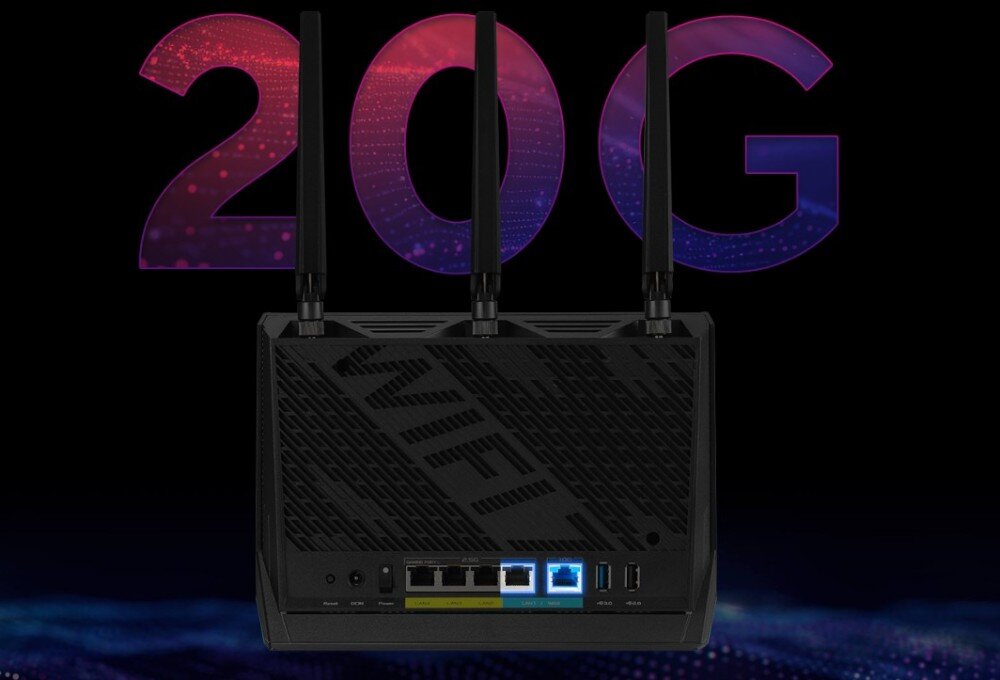 Router ASUS RT-BE86U Tył routera z widocznymi portami na tle z dużym neonowym napisem '20G', złącza LAN, prędkość
