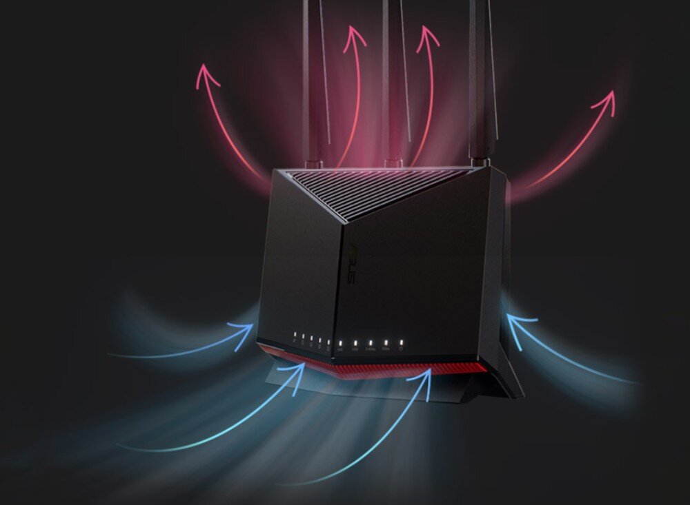 Router ASUS RT-BE86U Router z graficznymi strzałkami pokazującymi obieg powietrza chłodzącego urządzenie, procesor, wydajność, chłodzenie