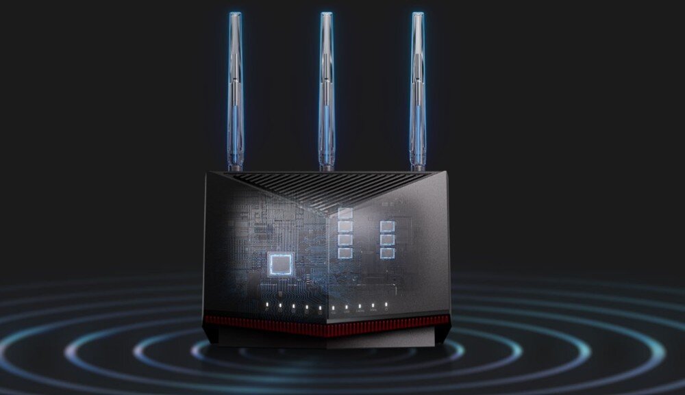 Router ASUS RT-BE86U Półprzezroczysty widok routera ukazujący wewnętrzne podzespoły i układ chłodzenia, anteny, pokrycie