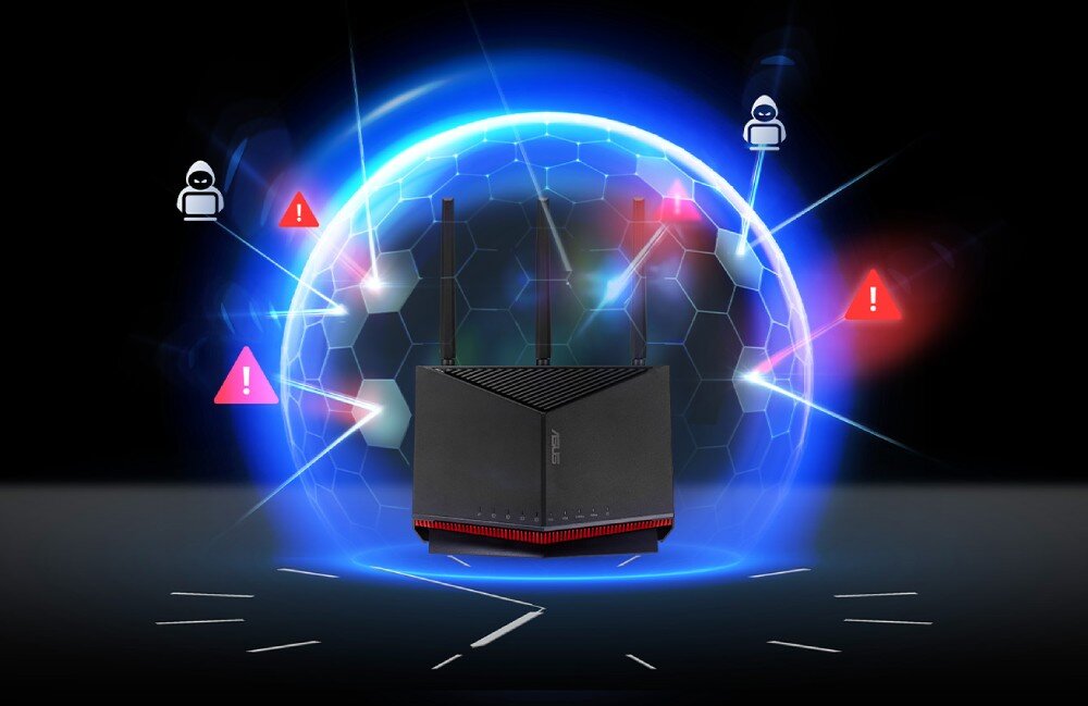 Router ASUS RT-BE86U Router chroniony przez cyfrową niebieską tarczę odbijającą ataki hakerskie i zagrożenia, bezpieczeństwo, skanowanie sieci, IPS