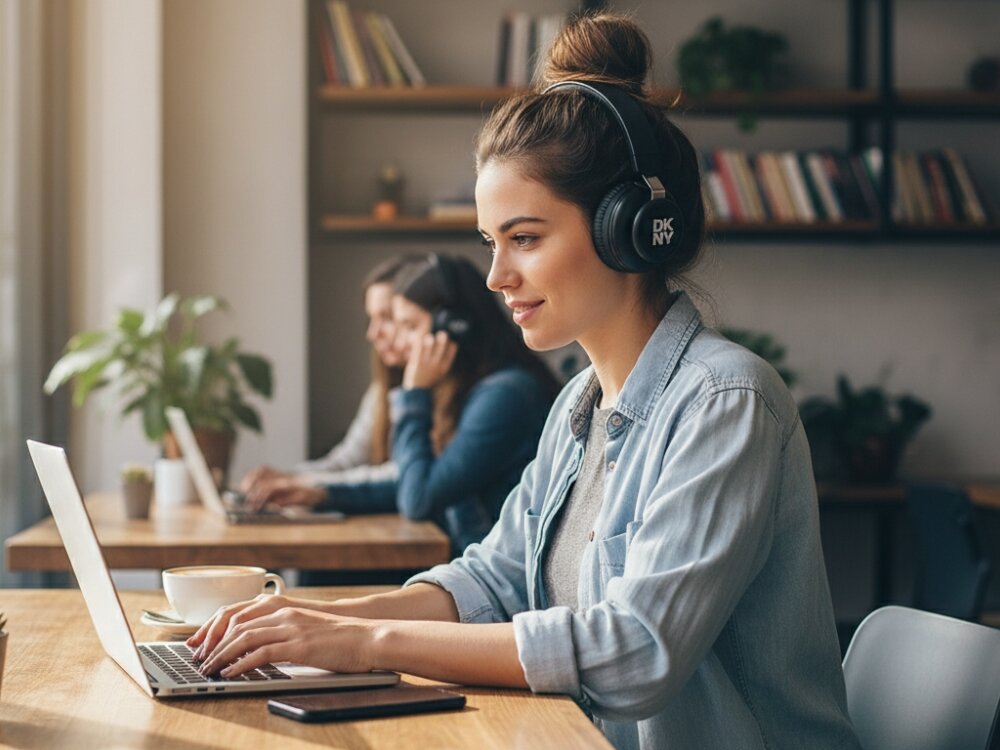 Słuchawki nauszne DKNY DKBHS6PUSLK
			kobieta ze słuchawkami na głowie pisząca na laptopie