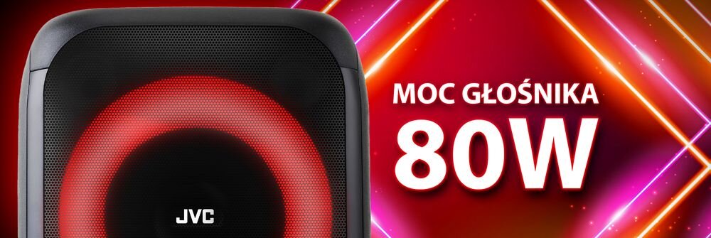 Power Audio JVC XS-EP314B 80 W RMS 40-15 kHz mobilny czarny design, urządzenie na czerwonym tle