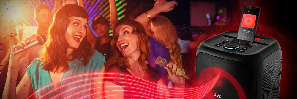 Power Audio JVC XS-EP314B LED efekty świetlne tryby kolorystyczne dynamiczne oświetlenie, osoby trzymające mikrofony w ręku, głośnik po skosie