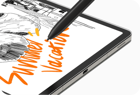Tablet z rysikiem S Pen, na ekranie widoczny jest rysunek i napis \'Summer Vacation\'.