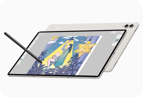 Tablet z rysikiem S Pen wyświetla kolorową grafikę z postacią siedzącą na krześle i dużą żółtą gwiazdą w tle. W tle widoczny jest drugi tablet w kolorze jasnym.