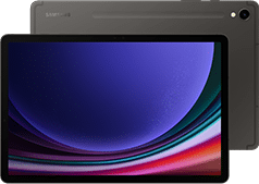Na obrazie widoczny jest tablet z dużym ekranem, na którym wyświetlany jest gradientowy motyw w odcieniach fioletu i różu. W tle znajduje się tył urządzenia w kolorze grafitowym z widocznym logo \'SAMSUNG\'.