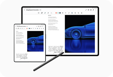Na obrazie widoczne są dwa tablety z wyświetlonym dokumentem zatytułowanym \'Going Beyond Innovation\' oraz rysik. Dokument zawiera tekst i obraz samochodu w formie siatki 3D.