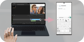 Obraz przedstawia laptopa z otwartym programem do edycji wideo oraz smartfon z otwartą aplikacją do pisania wiadomości. Pomiędzy urządzeniami widoczna jest strzałka wskazująca na przesyłanie danych.