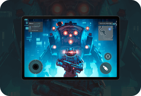 Tablet wyświetla grę z postacią w futurystycznym stroju i dużym robotem w tle. Na ekranie widoczne są elementy interfejsu gry, takie jak mapa i przyciski sterujące.