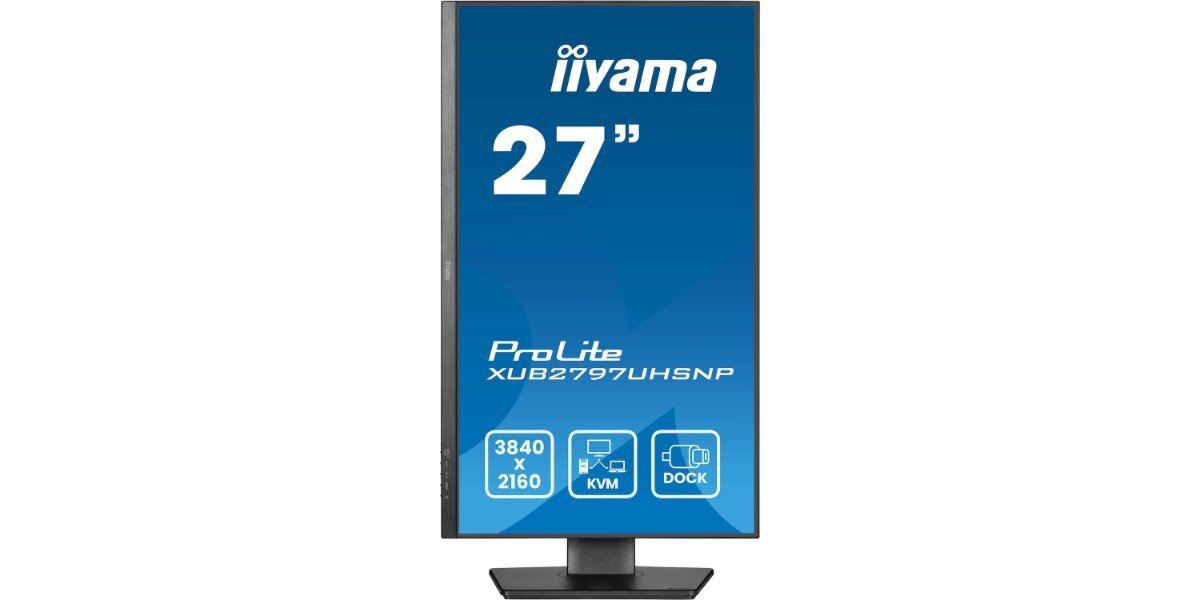 Monitor IIYAMA ProLite XUB2797UHSNP-B1 na białym tle ustawiony pionowo.