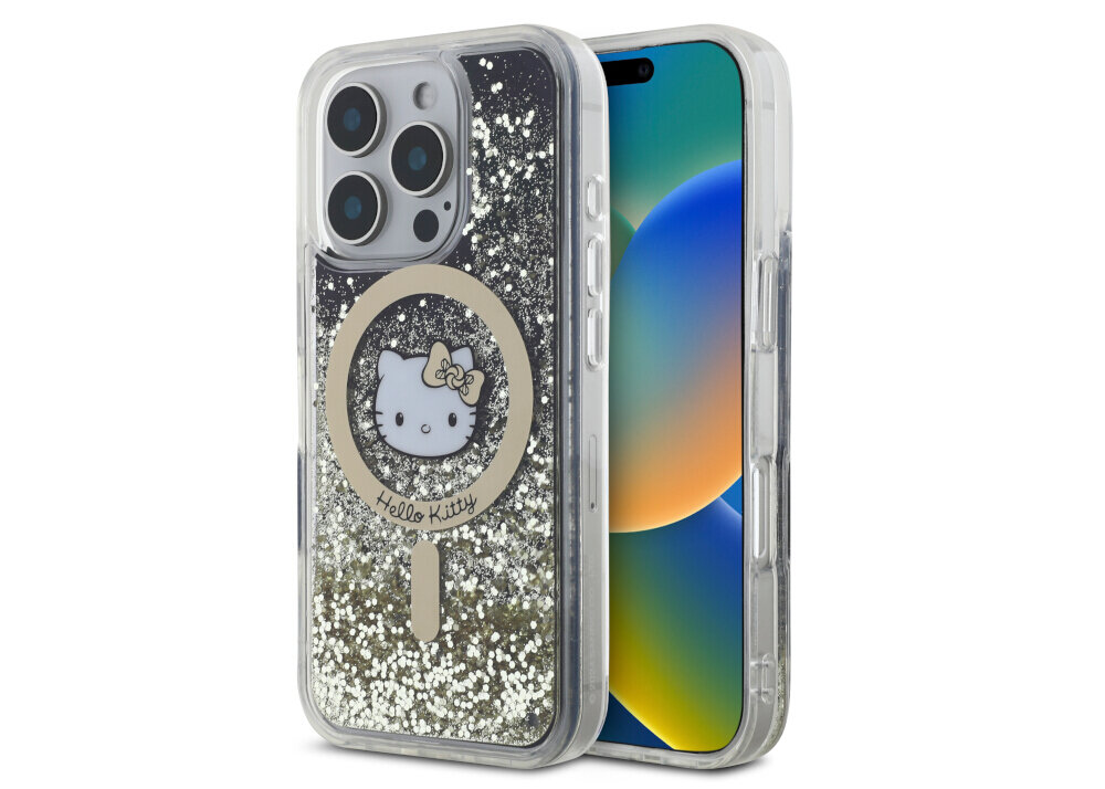 Etui Hello Kitty Liquid Glitter Fever MagSafe - brokat, złote akcenty, twarde, przezroczyste