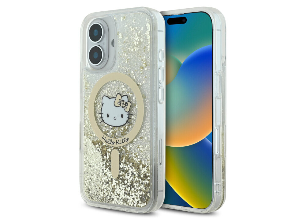 Etui Hello Kitty Liquid Glitter Fever MagSafe - brokat, złote akcenty, twarde, przezroczyste