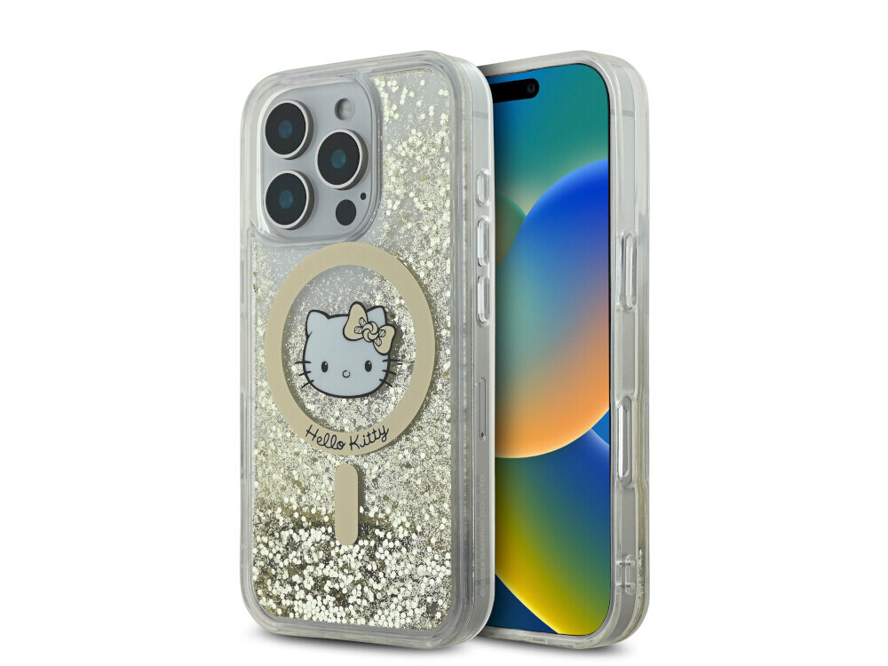 Etui Hello Kitty Liquid Glitter Fever MagSafe - brokat, złote akcenty, twarde, przezroczyste