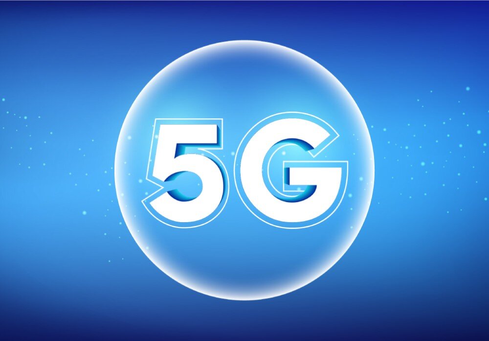 Router D-LINK G530 Znak 5G umieszczony wewnątrz świetlistej kuli na niebieskim tle