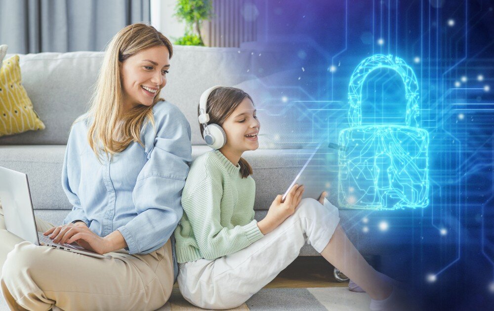 Router D-LINK G530 Kobieta i dziecko korzystający z laptopa i tabletu przy cyfrowym symbolu niebieskiej kłódki