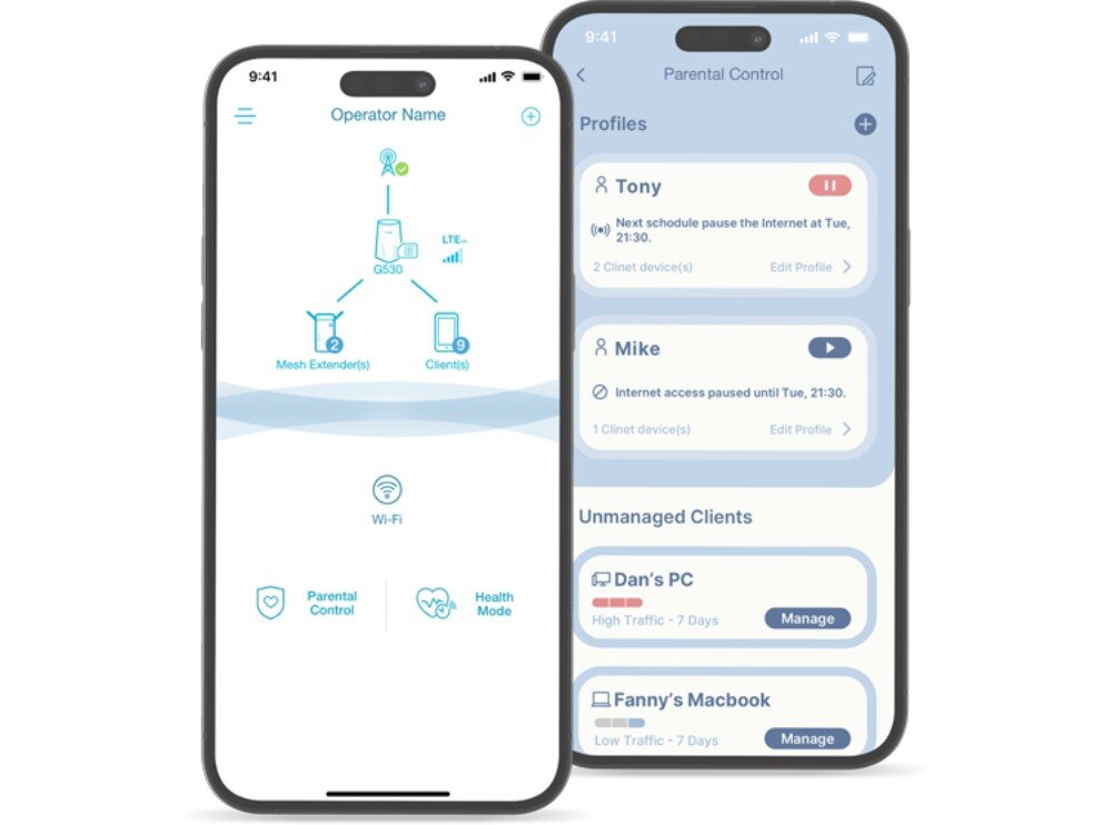 Router D-LINK G530 Dwa smartfony wyświetlające interfejs aplikacji mobilnej do zarządzania siecią i profilami domowników