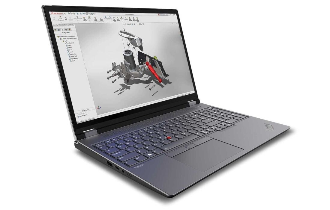 Laptop Lenovo ThinkPad P16 z otwartym programem SolidWorks, widoczny złożony model 3D części mechanicznej na ekranie - Wi-Fi 6E Bluetooth 5.3 