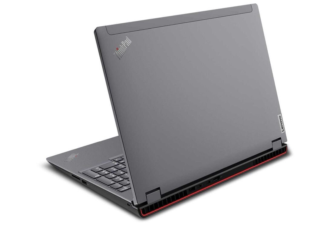 Widok z tyłu laptopa Lenovo ThinkPad P16 z certyfikatem ENERGY STAR, szara obudowa z logo ThinkPad i czerwonymi akcentami - ENERGY STAR 8.0 i EPEAT Gold 