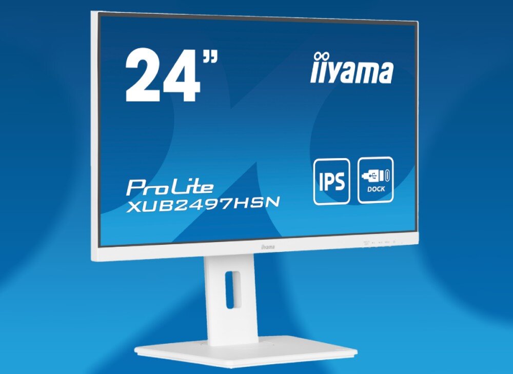 Monitor IIYAMA ProLite XUB2497HSN-W2 23.8 1920x1080px IPS 100Hz 1 ms [MPRT] przód monitora z nazwą modelu na niebieskim tle opis