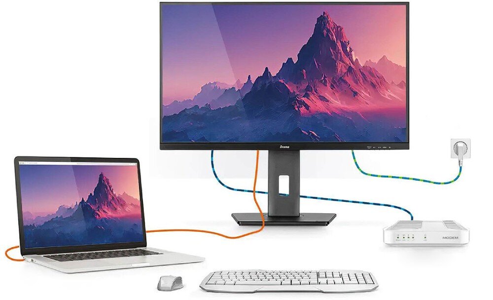 Monitor IIYAMA ProLite XUB2497HSN-W2 23.8 1920x1080px IPS 100Hz 1 ms [MPRT] monitor podłączony przewodami do laptopa gniazdka i routera stacja dokująca funkcje podłączenie zasilanie porty