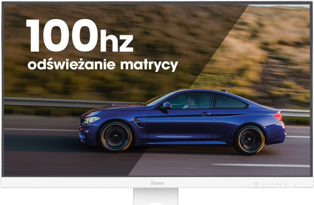 Monitor IIYAMA ProLite XUB2497HSN-W2 23.8 1920x1080px IPS 100Hz 1 ms [MPRT] obraz na ekranie przedstawiający samochód sportowy z napisem o częstotliwości odświeżania odświeżanie synchronizacja czas reakcji płynność
