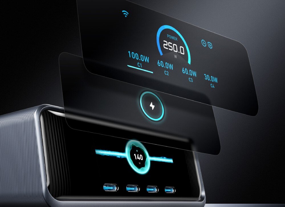 Zasilacz do laptopa ANKER Prime GaN 250W Grafika prezentująca trzy różne interfejsy wyświetlacza urządzenia: górny z podziałem mocy na cztery porty, środkowy z ikoną błyskawicy oraz dolny pokazujący animację ładowania z wartością 140W