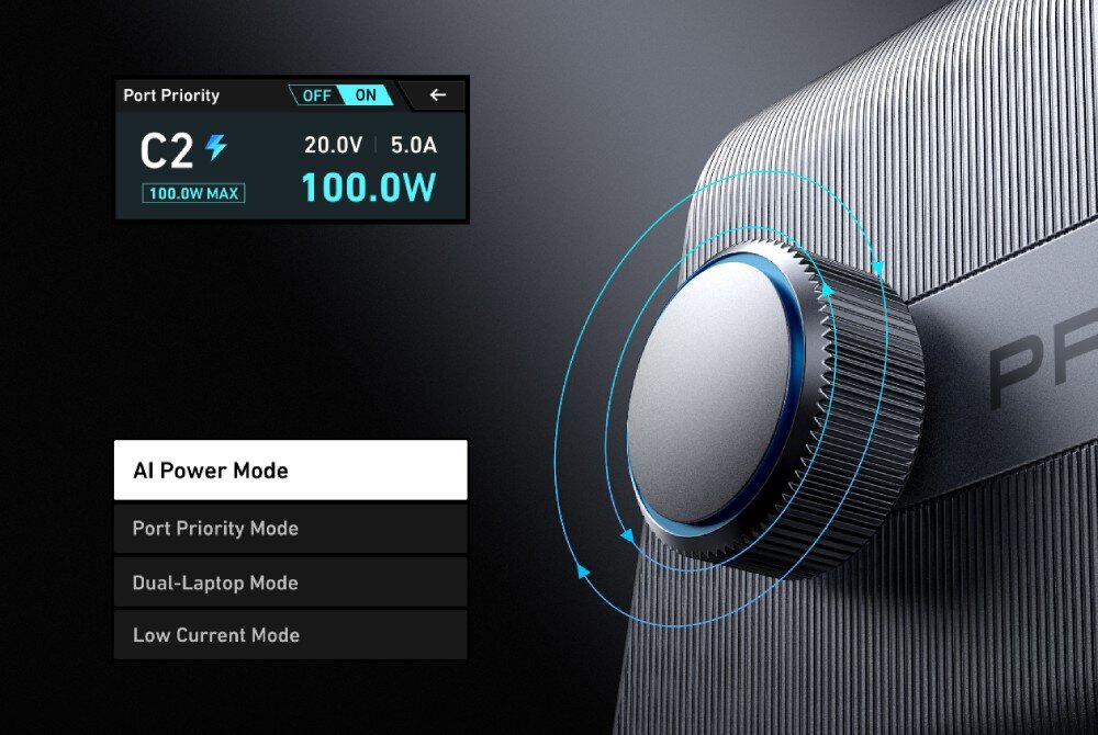 Zasilacz do laptopa ANKER Prime GaN 250W Zbliżenie na metalowe pokrętło sterujące z niebieskim podświetleniem oraz graficzne menu na ekranie z opcjami takimi jak AI Power Mode, Port Priority Mode, Dual-Laptop Mode i Low Current Mode