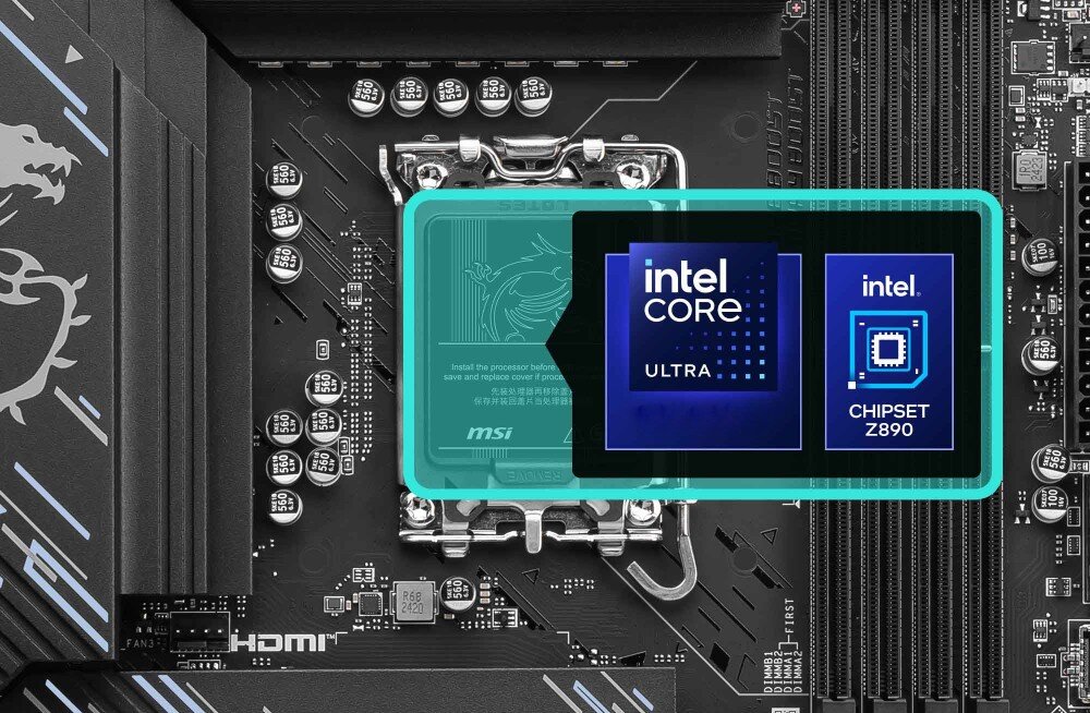 Płyta główna MSI Z890 Gaming Plus WiFi zaznaczone gniazdo procesora ikona chipsetu oraz modelu procesora