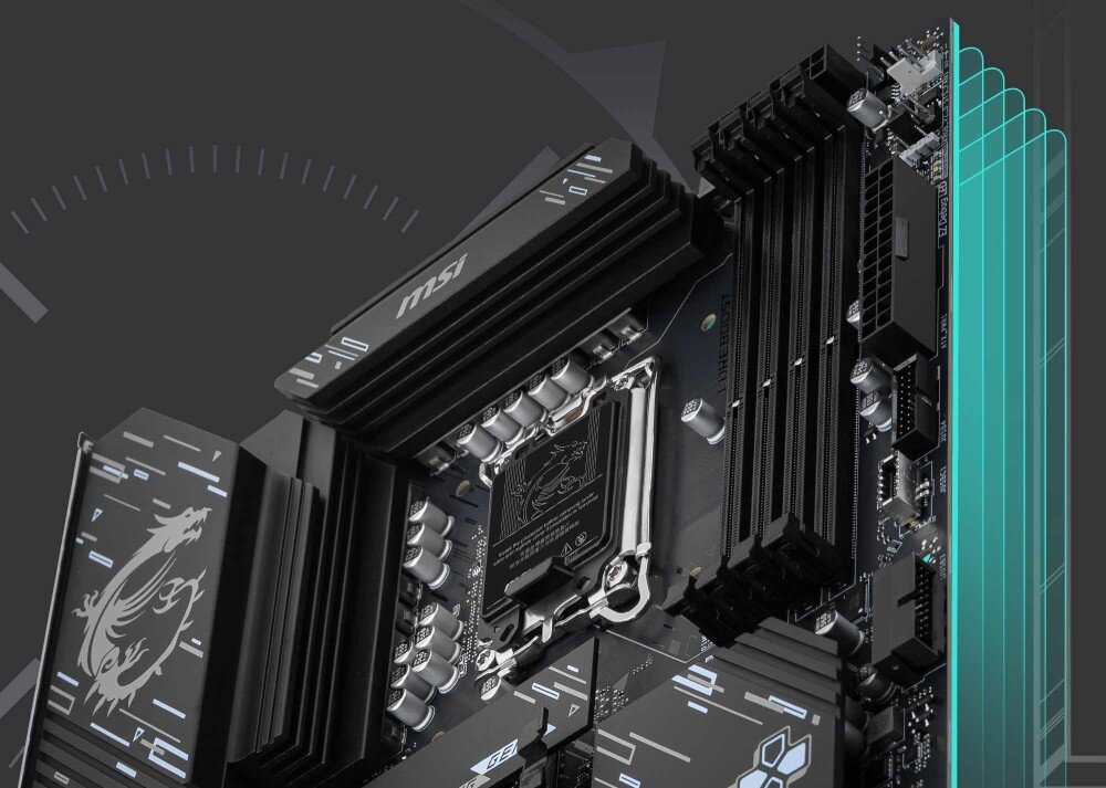 Płyta główna MSI Z890 Gaming Plus WiFi widok na radiatory chłodzące układ chłodzenia oraz płytę PCB