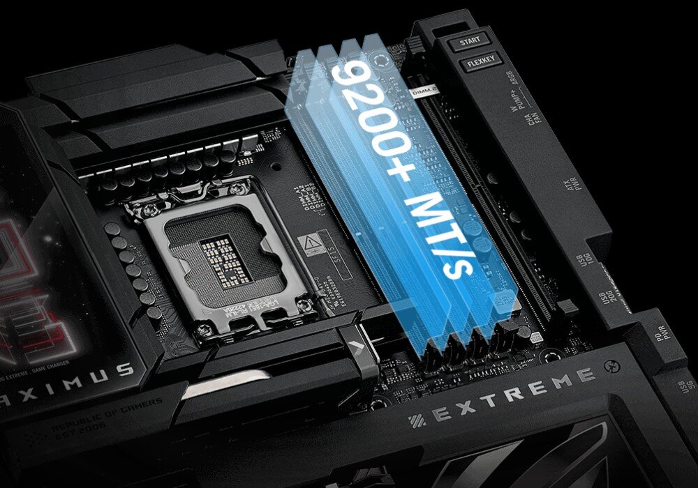 Płyta główna ASUS ROG Maximus Z890 Extreme Płyta główna z podświetlonym napisem „9200+ MT/s” nad slotami pamięci RAM, wizualizującym potencjał taktowania DDR5. Widoczne są także oznaczenia przycisków i portów na bocznej krawędzi, pamięć RAM, DDR5, podkręcenie