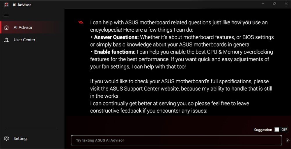 Płyta główna ASUS ROG Maximus Z890 Extreme Interfejs ASUS AI Advisor wyświetlający informacje o funkcjach wsparcia dla użytkowników płyty głównej. Menu po lewej stronie obejmuje zakładki AI Advisor i User Center, sztuczna inteligencja, funkcje, rozwiązania