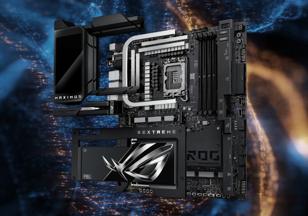 Płyta główna ASUS ROG Maximus Z890 Extreme Widok rozłożonej płyty głównej z zaznaczonymi elementami układu chłodzenia. Radiatory i rurki cieplne są oddzielone od reszty komponentów, prezentując ich konstrukcję, chłodzenie, radiatory, ciepłowody, wentylatory