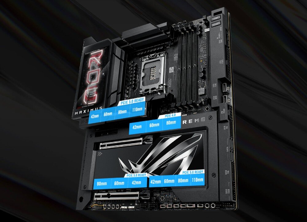 Płyta główna ASUS ROG Maximus Z890 Extreme Płyta główna z oznaczonymi gniazdami M.2 PCIe 5.0 i 4.0, wraz z podanymi długościami obsługiwanych nośników SSD. Widoczne są także sloty PCIe x16 i duży radiator na dolnej części płyty, dyski SSD, przepustowość