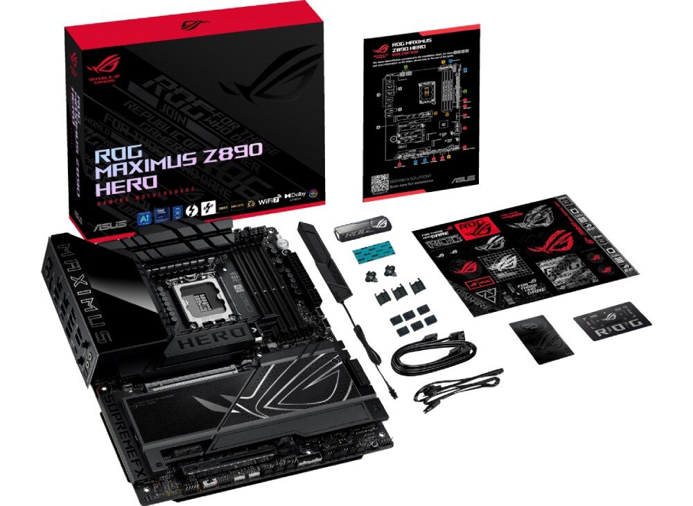 Płyta główna ASUS ROG Maximus Z890 Hero Zdjęcie całego zestawu składającego się z płyty głównej oraz akcesoriów na białym tle, opakowanie, zawartość