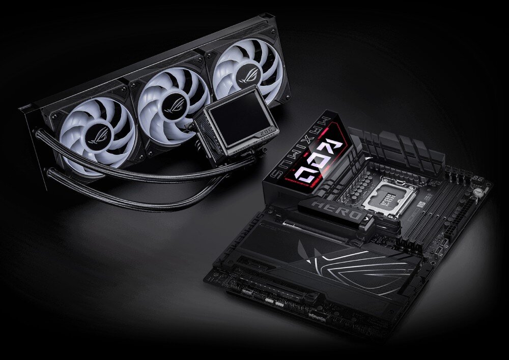 Płyta główna ASUS ROG Maximus Z890 Hero Płyta główna z systemem chłodzenia cieczą typu AIO z trzema wentylatorami i ekranem LCD na bloku wodnym, chłodzenie, radiatory, funkcja AI Cooling II, czujniki temperatur, złącza pomp AIO
